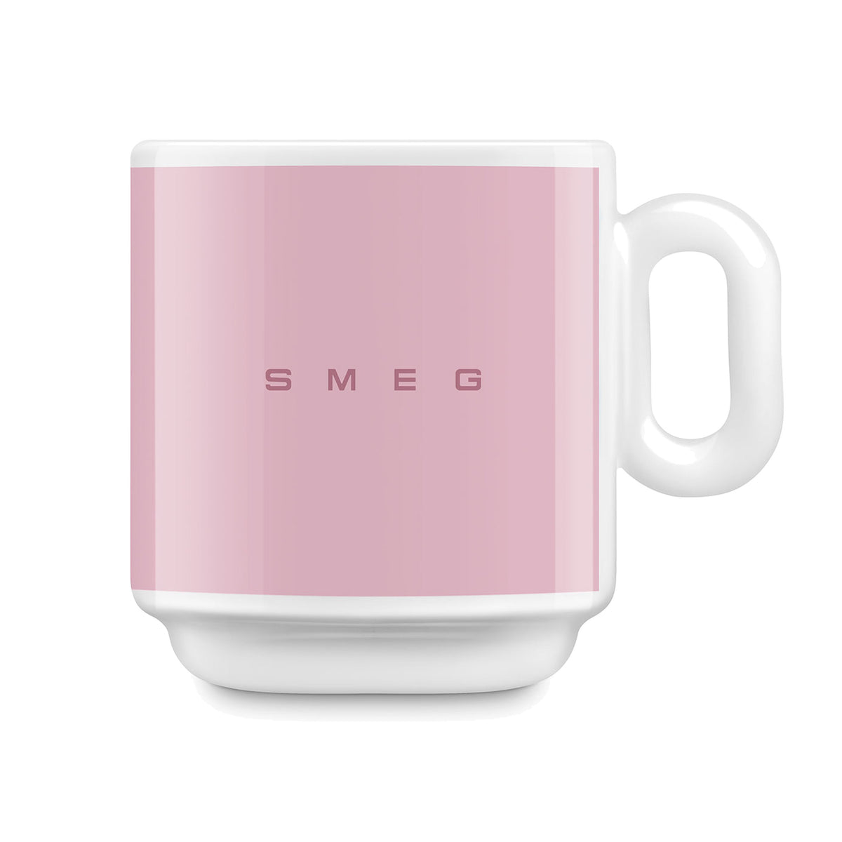SMEG coffee mug in pink, front view with handle on the right