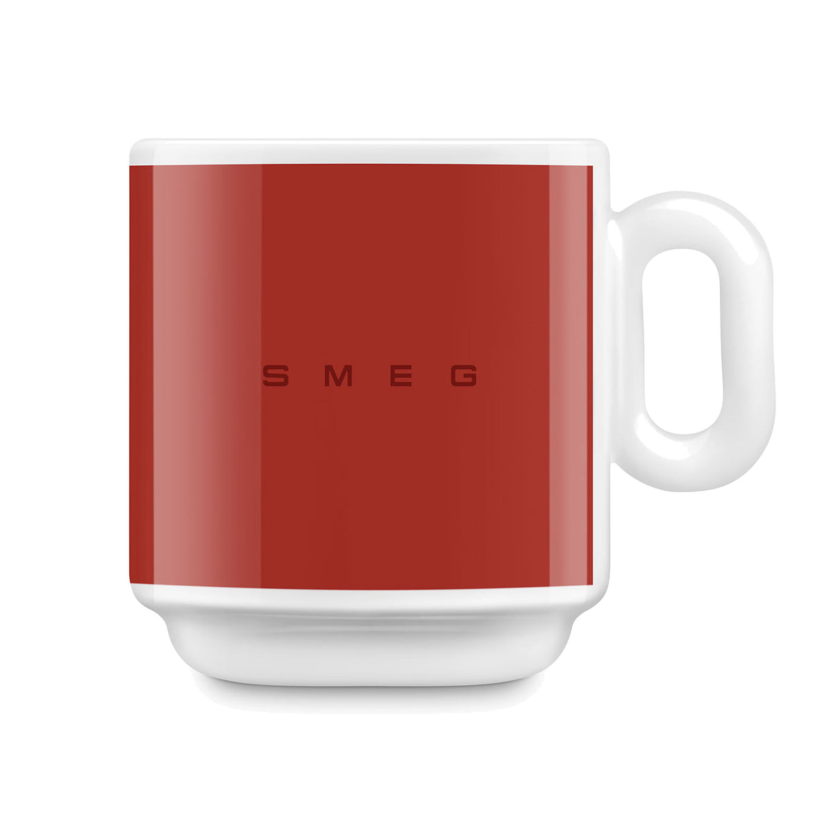 SMEG coffee mug in red, front view with handle on the right