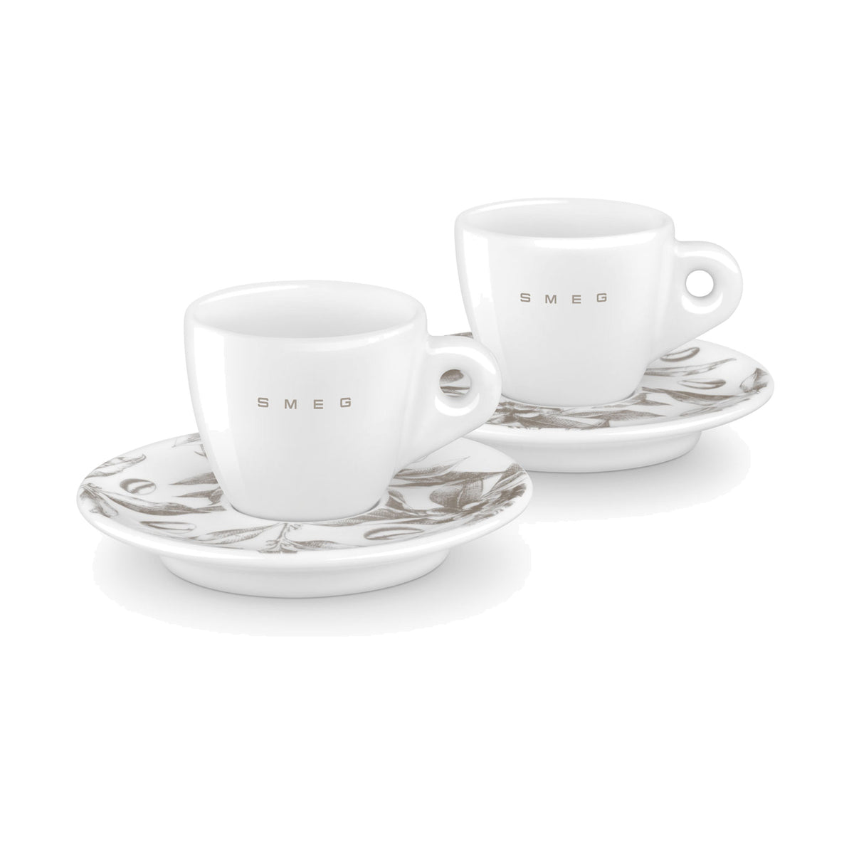 SMEG espresso cup and saucer set in white, two white cups on saucers with a coffee-plant print