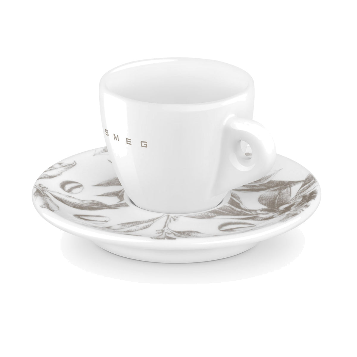 SMEG espresso cup and saucer set in white, single cup on its printed saucer