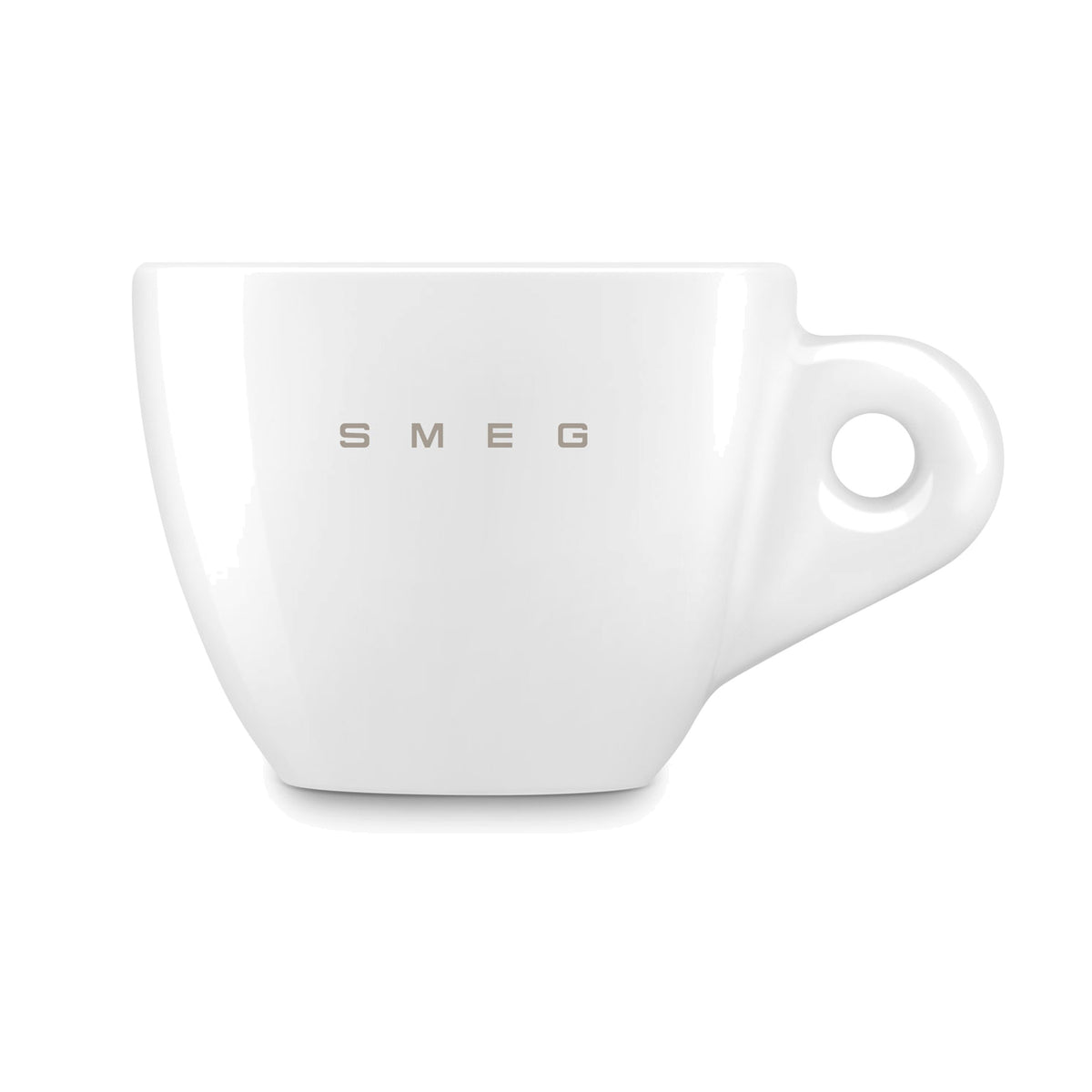 SMEG espresso cup and saucer set in white, cup on its own, showing the SMEG logo