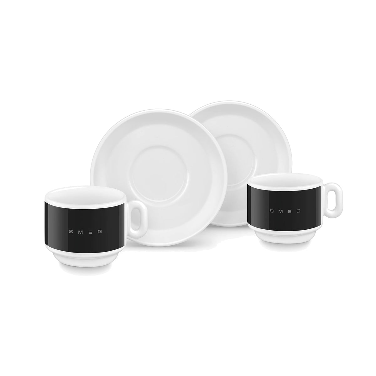 SMEG espresso cup and saucer set in black, two cups in front of their saucers