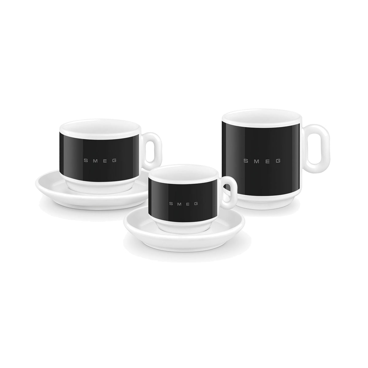 SMEG espresso cup and saucer set in black, two cups stacked on saucers