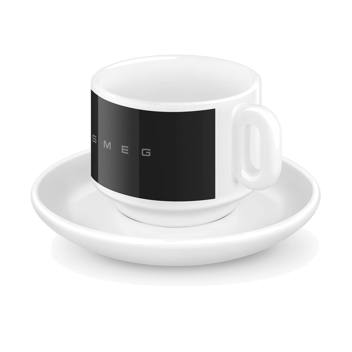 SMEG espresso cup and saucer set in black, single cup on its saucer
