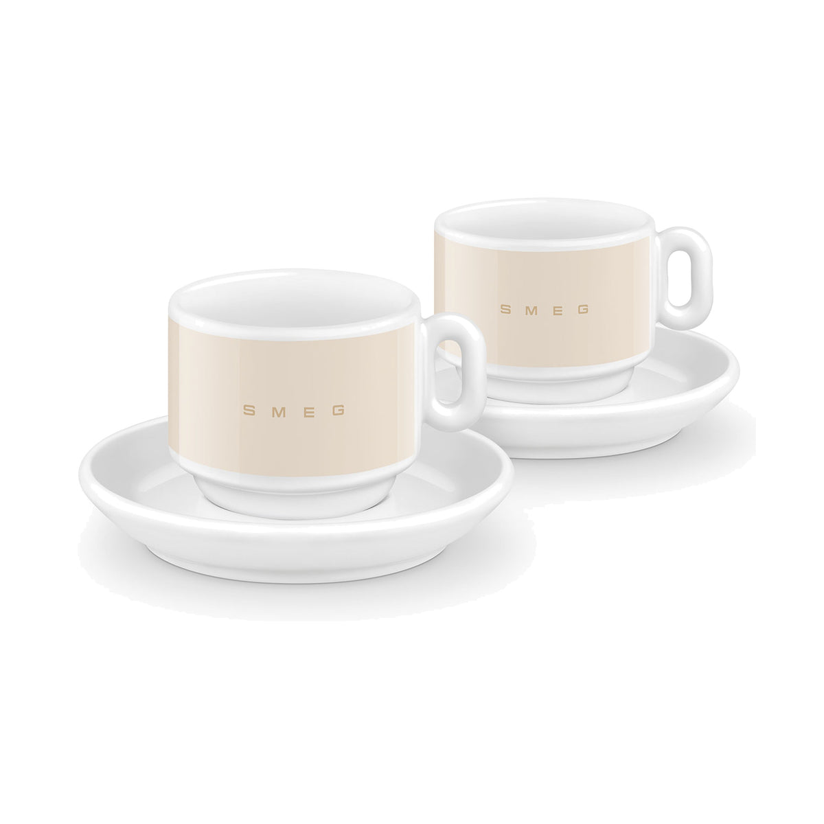 SMEG espresso cup and saucer set in cream, two cups on white saucers