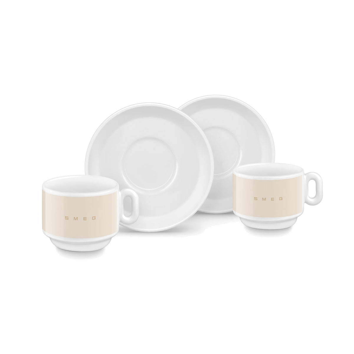 SMEG espresso cup and saucer set in cream, two cups in front of their saucers
