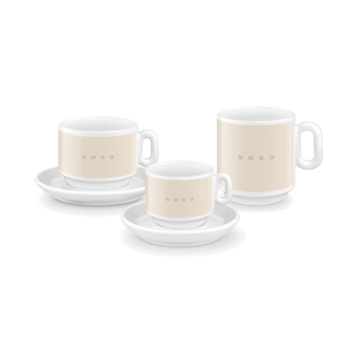 SMEG espresso cup and saucer set in cream, two cups stacked on saucers