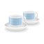 SMEG espresso cup and saucer set in pastel blue, two cups on white saucers
