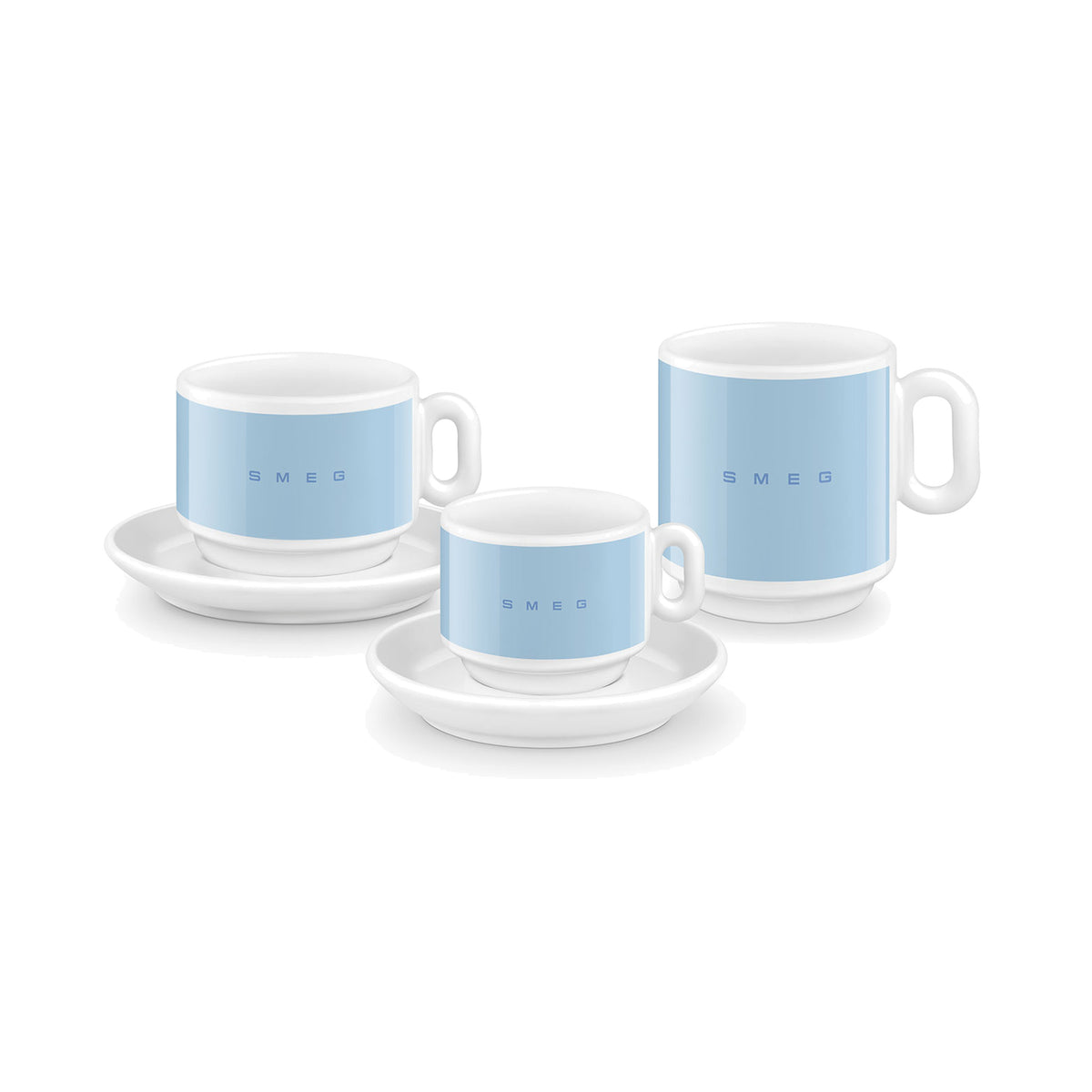 SMEG espresso cup and saucer set in pastel blue, two cups stacked on saucers