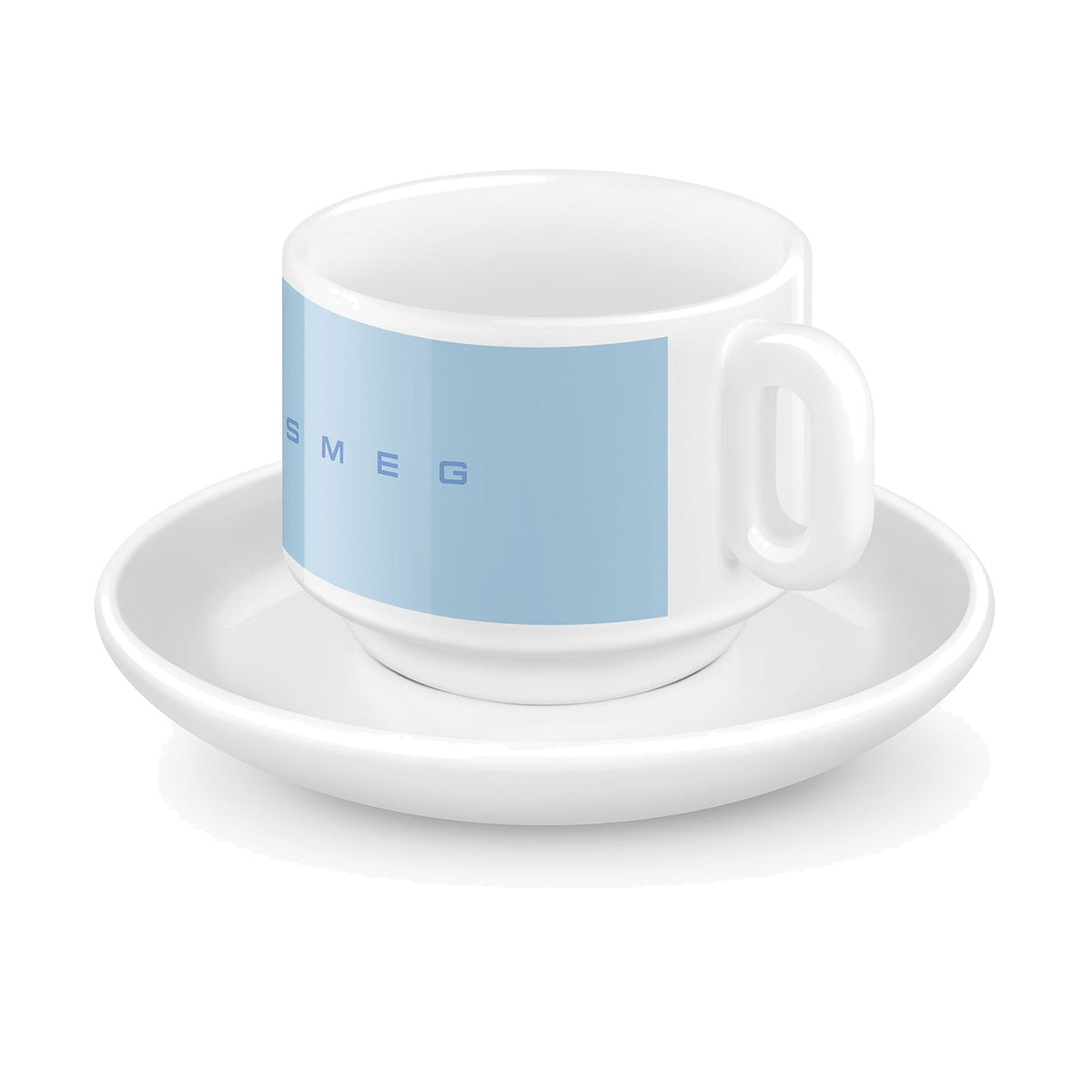 SMEG espresso cup and saucer set in pastel blue, single cup on its saucer