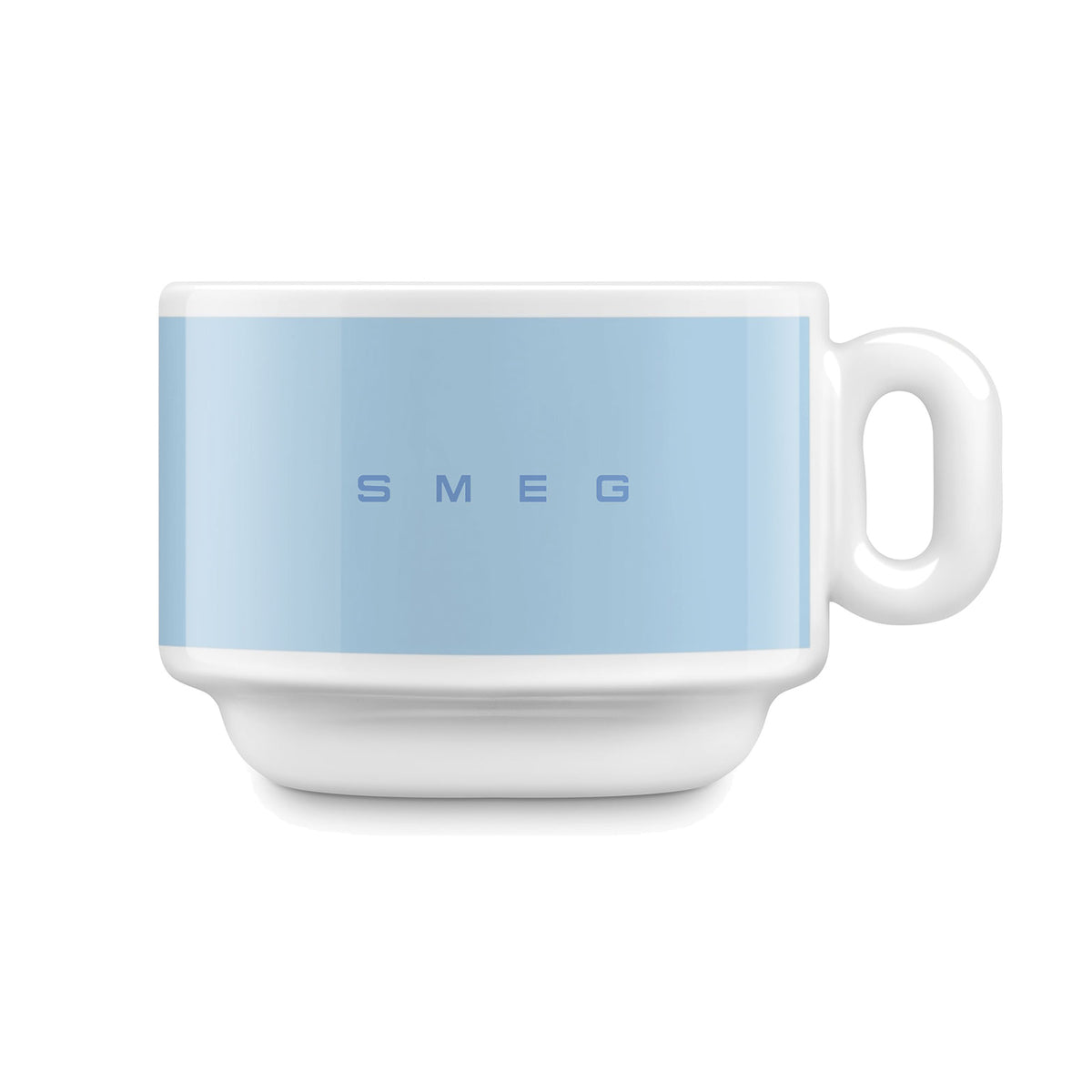 SMEG espresso cup and saucer set in pastel blue, cup on its own, showing the SMEG logo