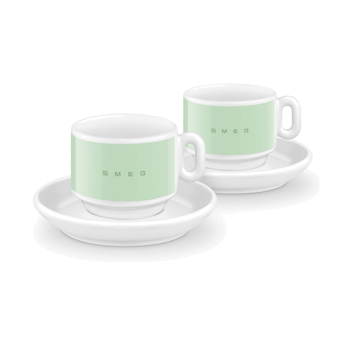 SMEG espresso cup and saucer set in pastel green, two cups on white saucers