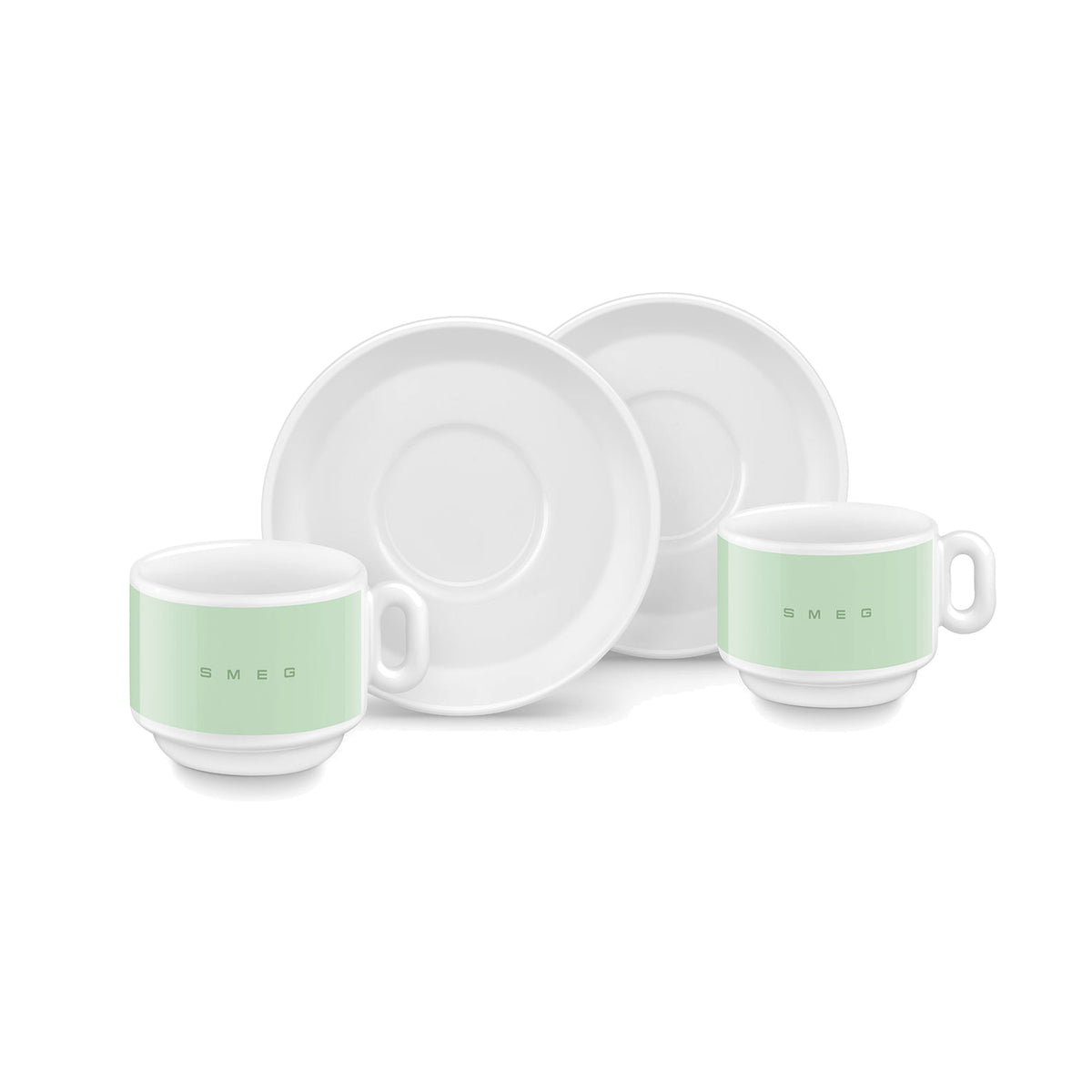SMEG espresso cup and saucer set in pastel green, two cups in front of their saucers