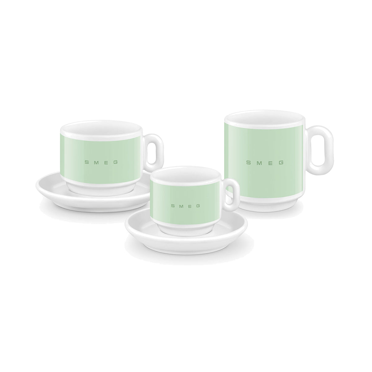 SMEG espresso cup and saucer set in pastel green, two cups stacked on saucers