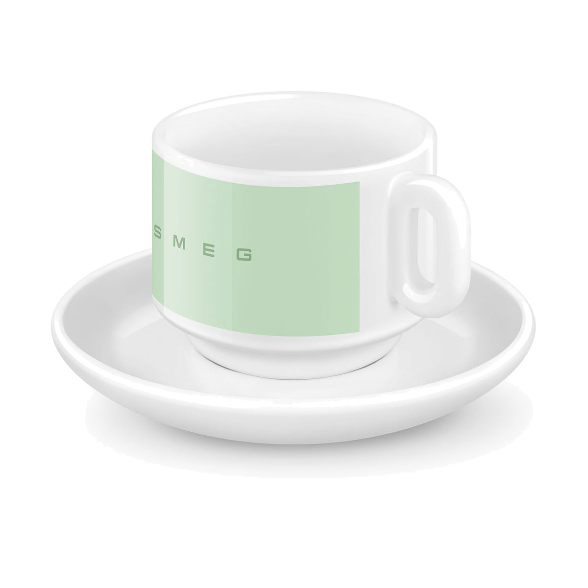 SMEG espresso cup and saucer set in pastel green, single cup on its saucer