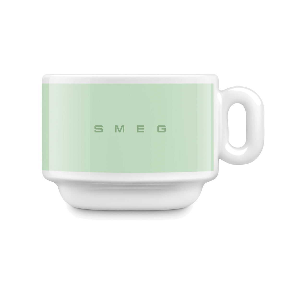 SMEG espresso cup and saucer set in pastel green, cup on its own, showing the SMEG logo