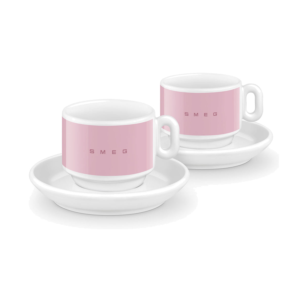 SMEG espresso cup and saucer set in pink, two cups on white saucers