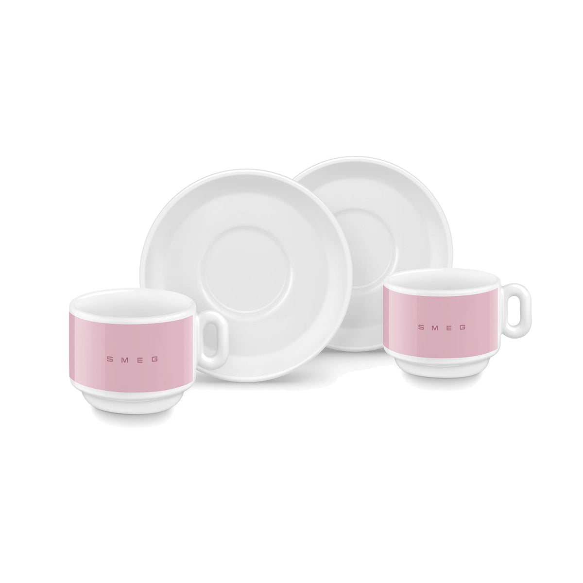 SMEG espresso cup and saucer set in pink, two cups in front of their saucers