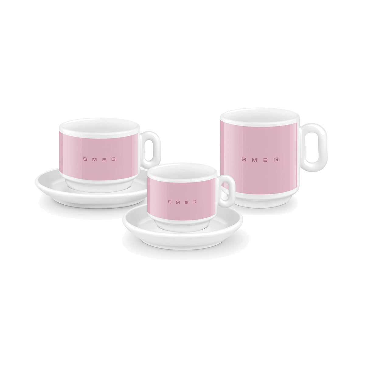 SMEG espresso cup and saucer set in pink, two cups stacked on saucers