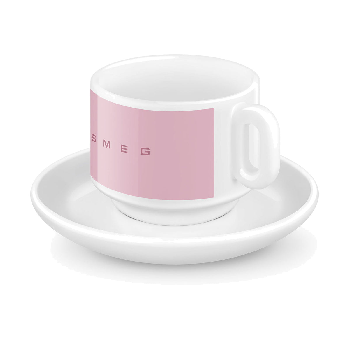 SMEG espresso cup and saucer set in pink, single cup on its saucer