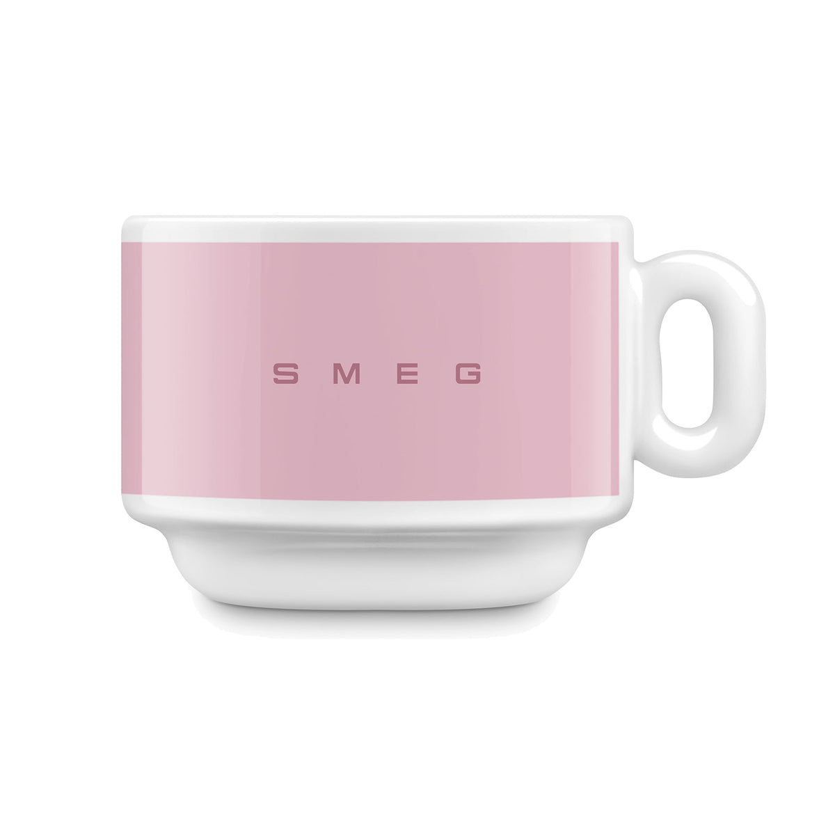SMEG espresso cup and saucer set in pink, cup on its own, showing the SMEG logo