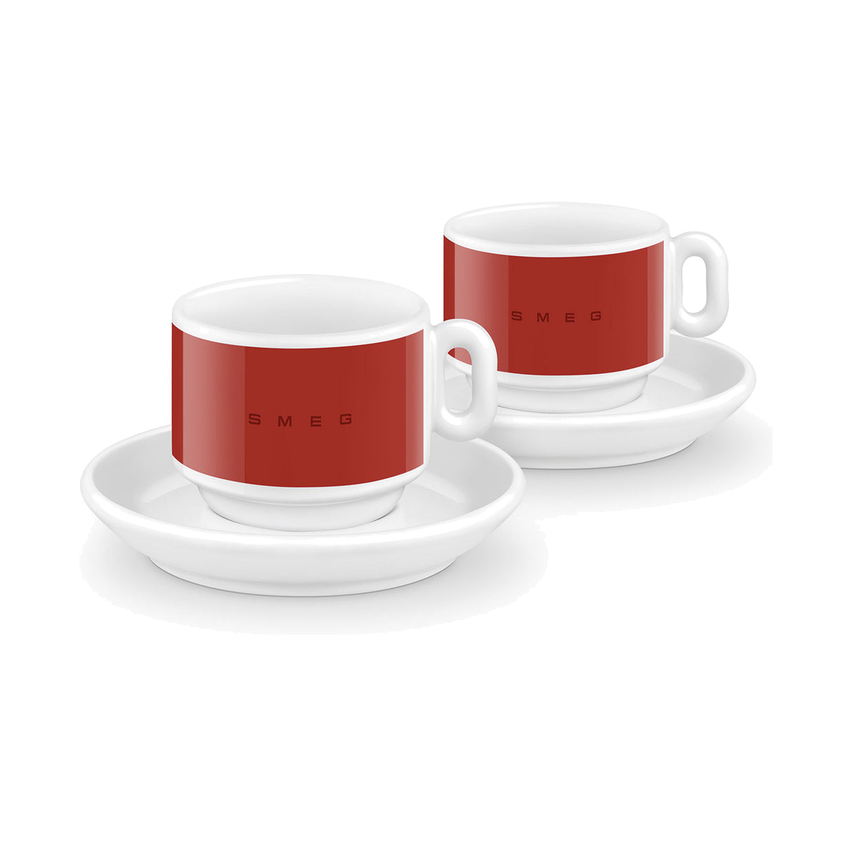 SMEG espresso cup and saucer set in red, two cups on white saucers