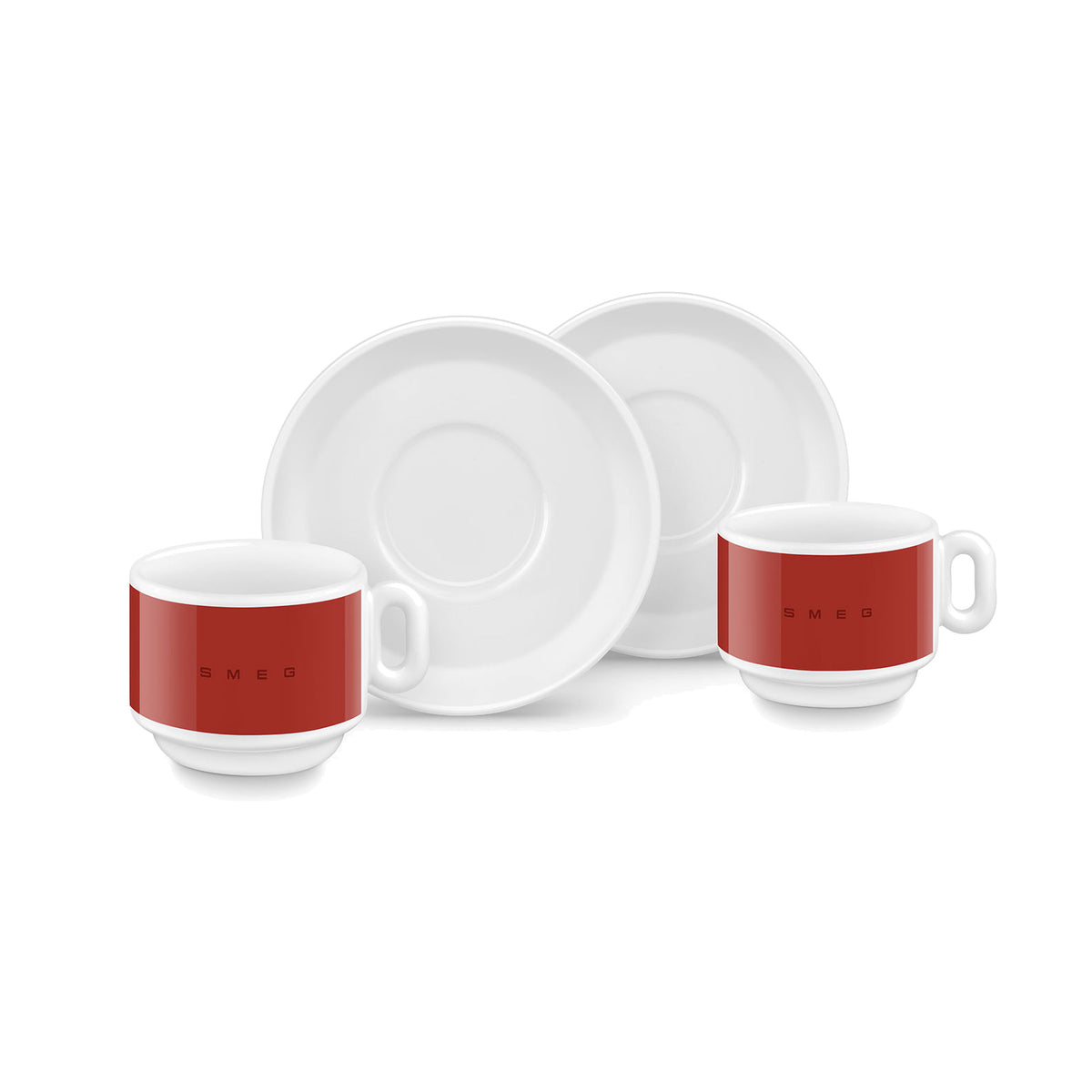 SMEG espresso cup and saucer set in red, two cups in front of their saucers