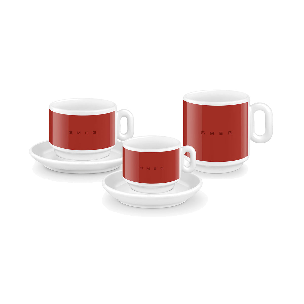 SMEG espresso cup and saucer set in red, two cups stacked on saucers
