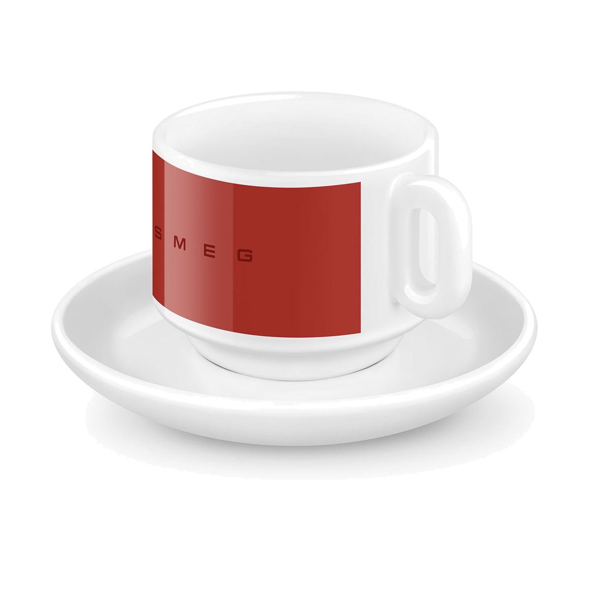 SMEG espresso cup and saucer set in red, single cup on its saucer