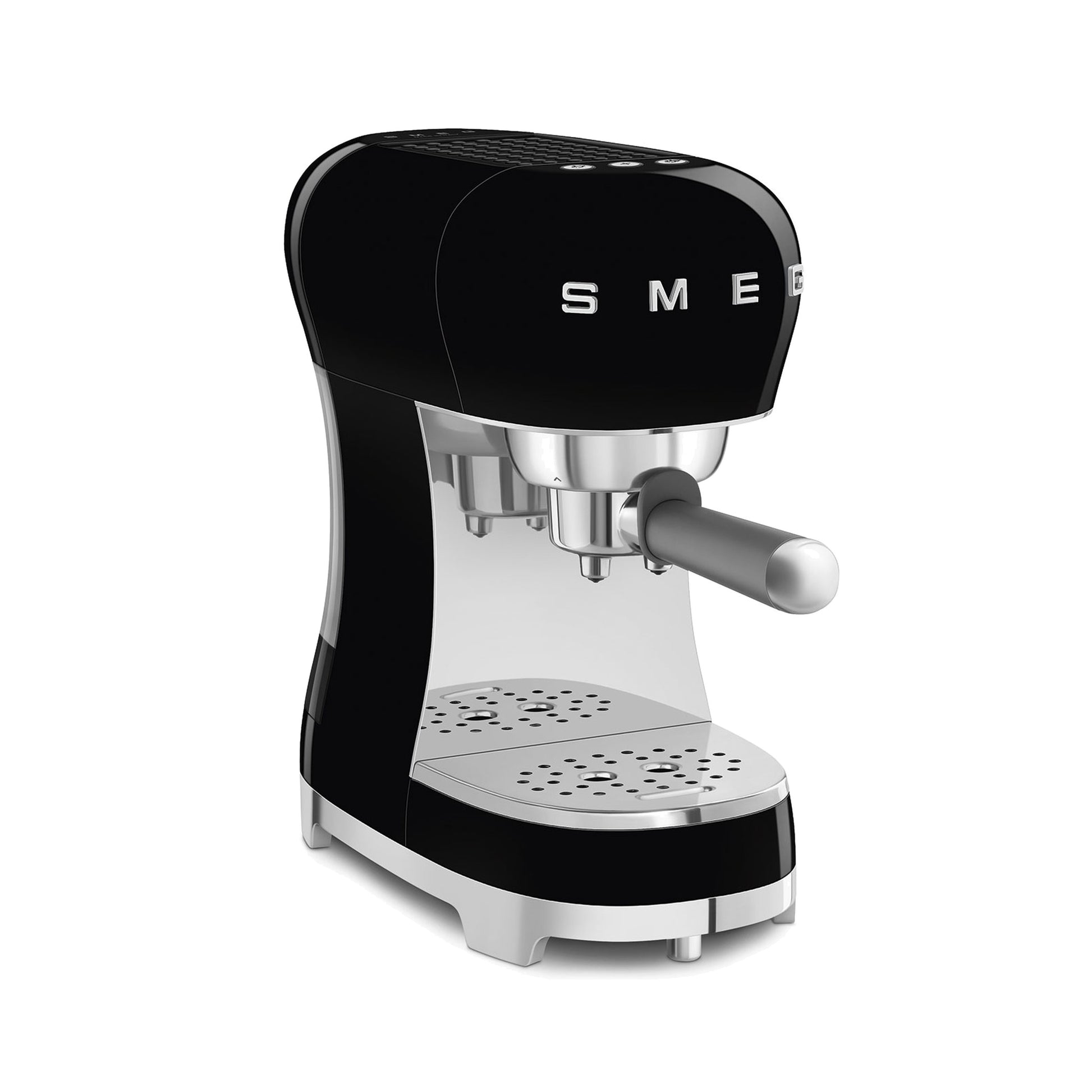 Smeg Manual Espresso Coffee Machine ECF00BLUS in black, three-quarter front view