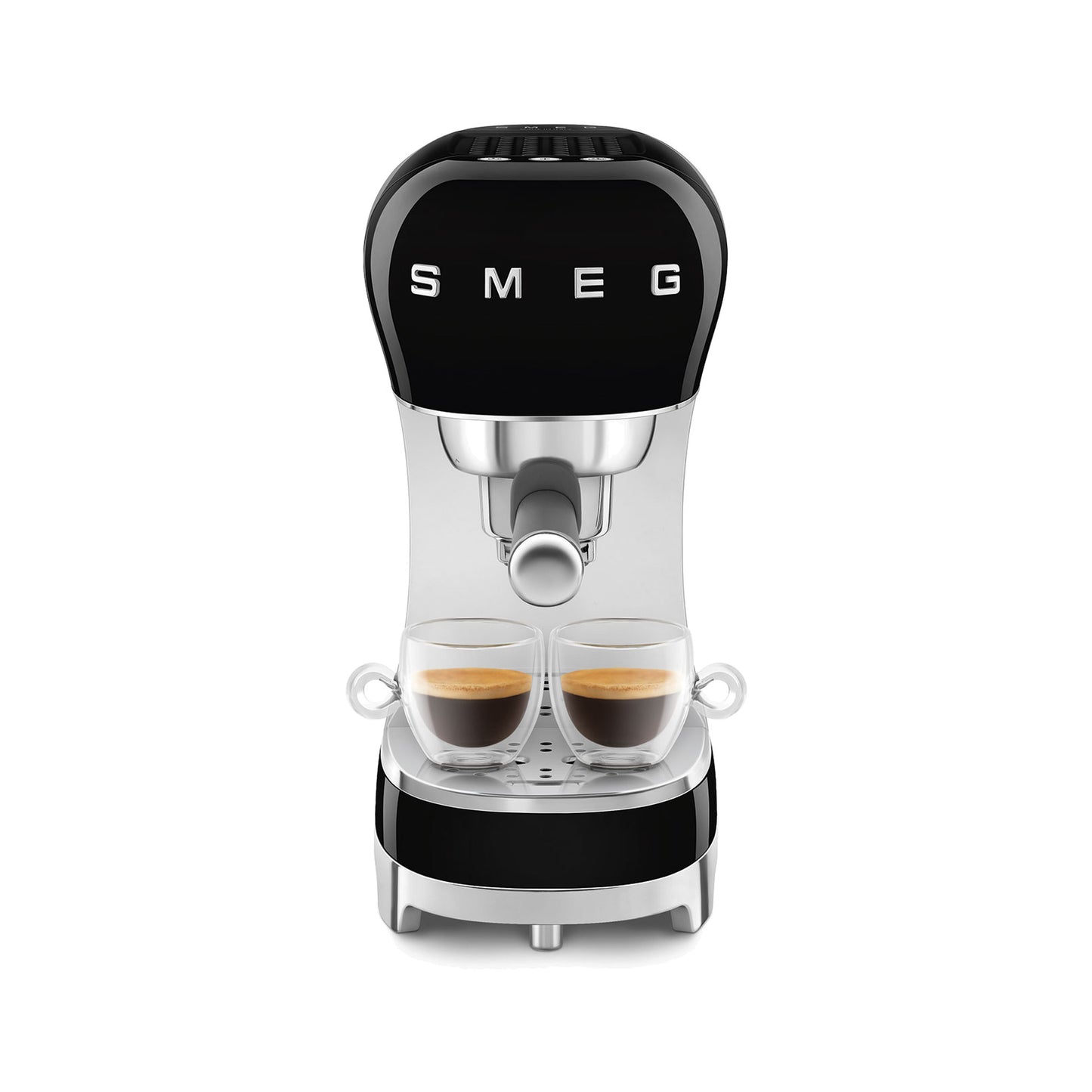 Smeg Manual Espresso Coffee Machine ECF00BLUS in black, front view brewing two espressos