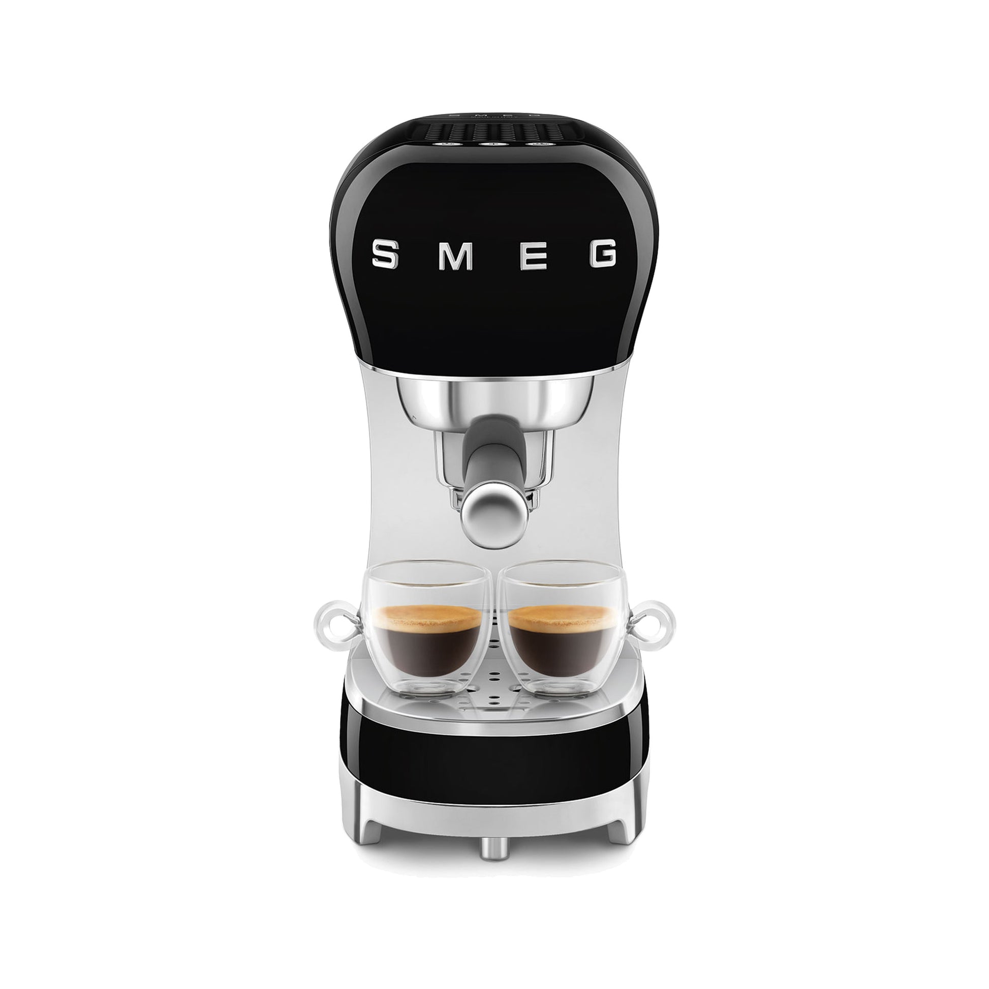Smeg Manual Espresso Coffee Machine ECF00BLUS in black, front view brewing two espressos