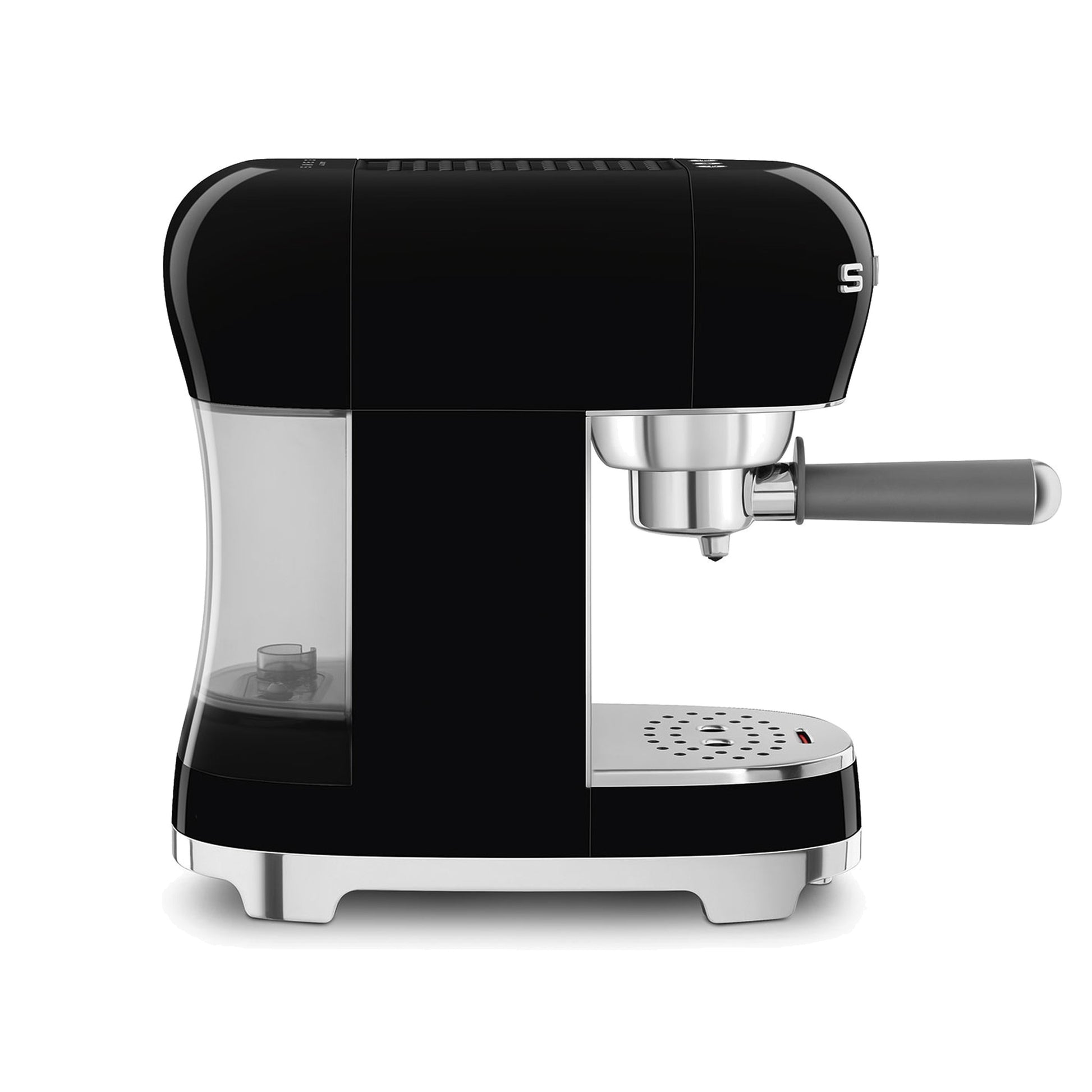 Smeg Manual Espresso Coffee Machine ECF00BLUS in black, three-quarter front-right view