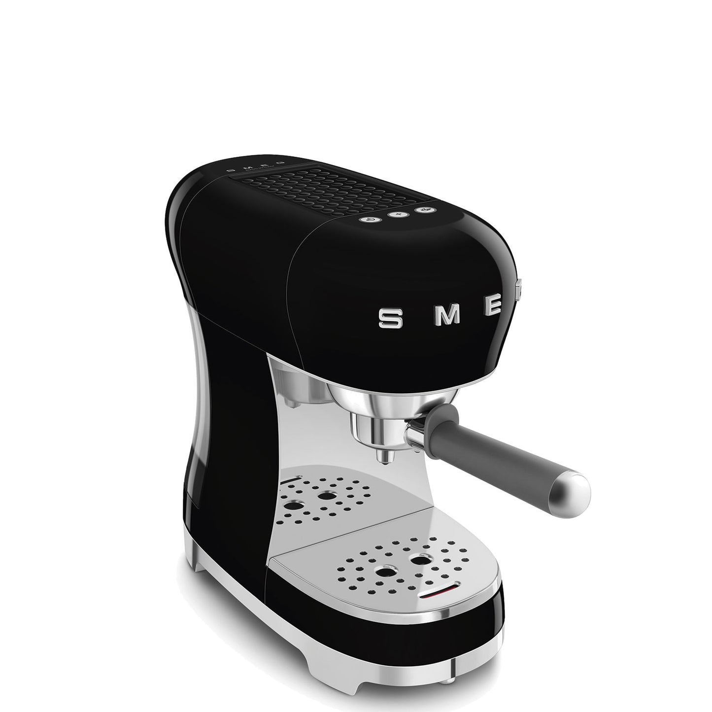 Smeg Manual Espresso Coffee Machine ECF00BLUS in black, three-quarter front-right view close