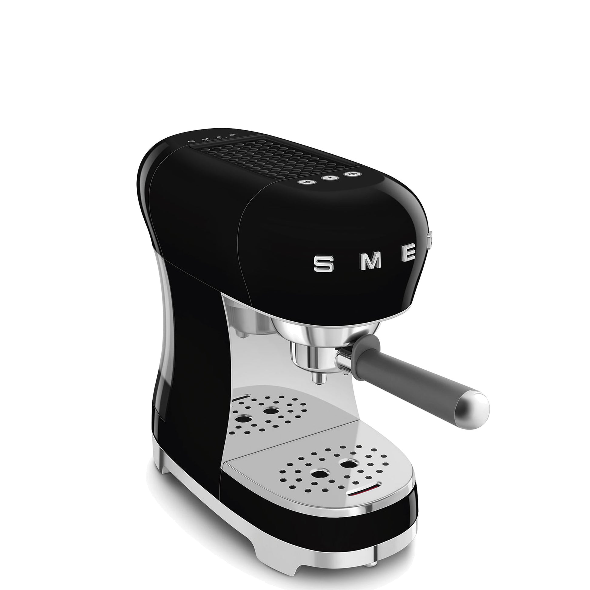 Smeg Manual Espresso Coffee Machine ECF00BLUS in black, three-quarter front-right view close