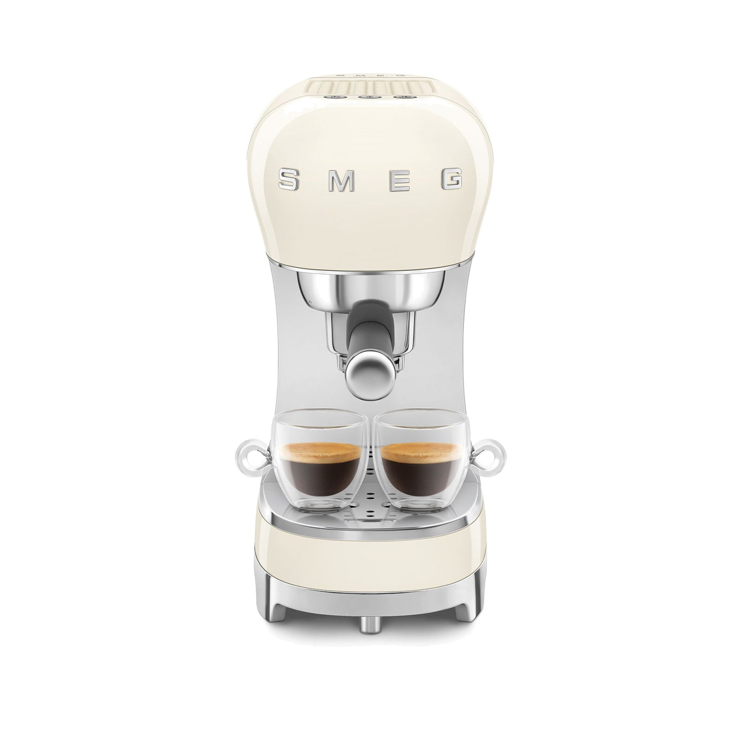 Smeg Manual Espresso Coffee Machine ECF00CRUS in cream, front view brewing two espressos