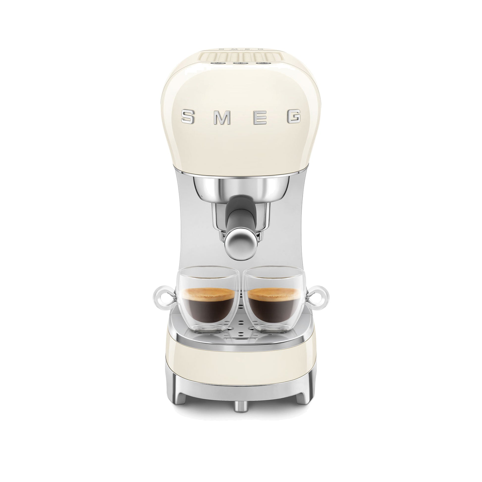 Smeg Manual Espresso Coffee Machine ECF00CRUS in cream, front view brewing two espressos