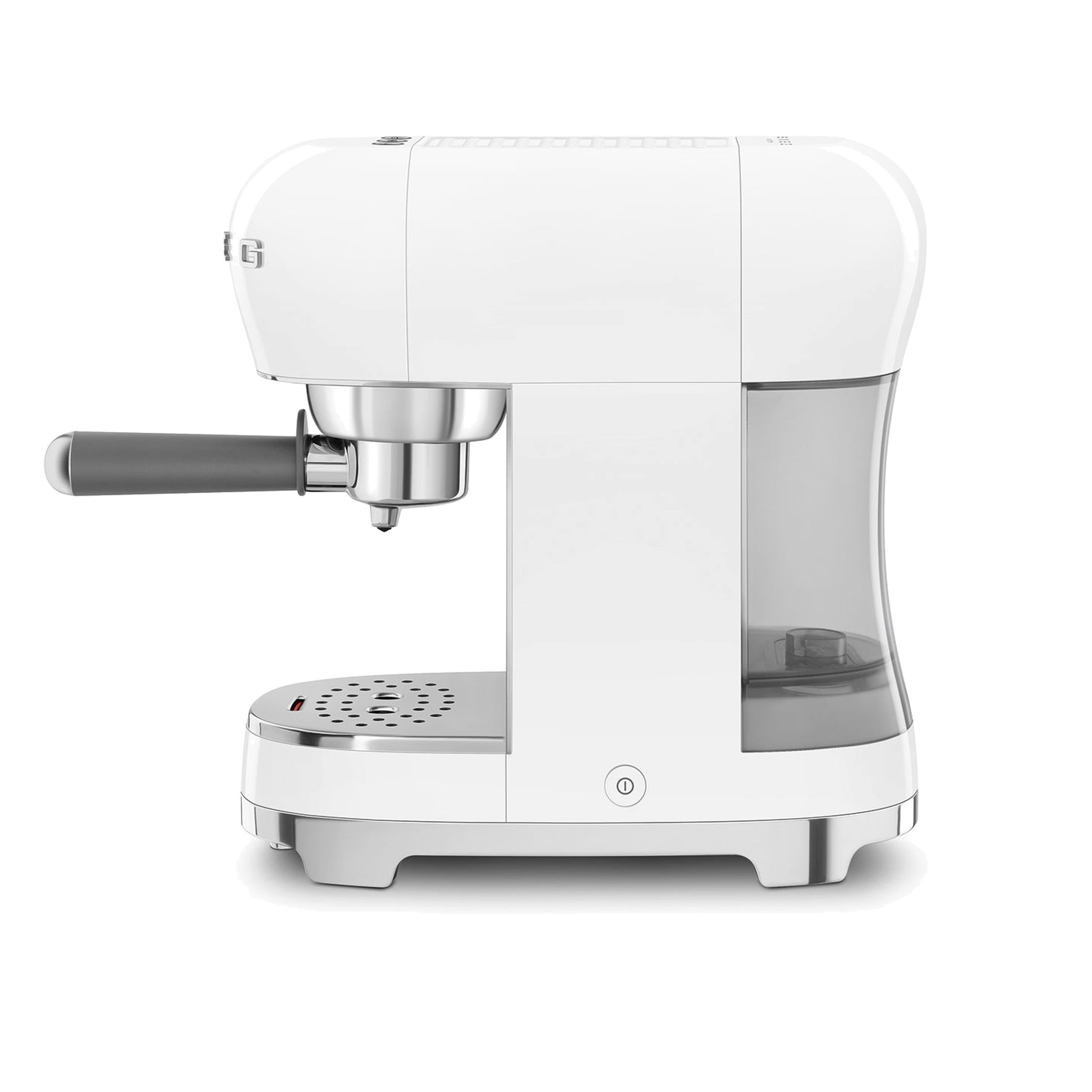 Smeg Manual Espresso Coffee Machine ECF00WHUS in white, side profile