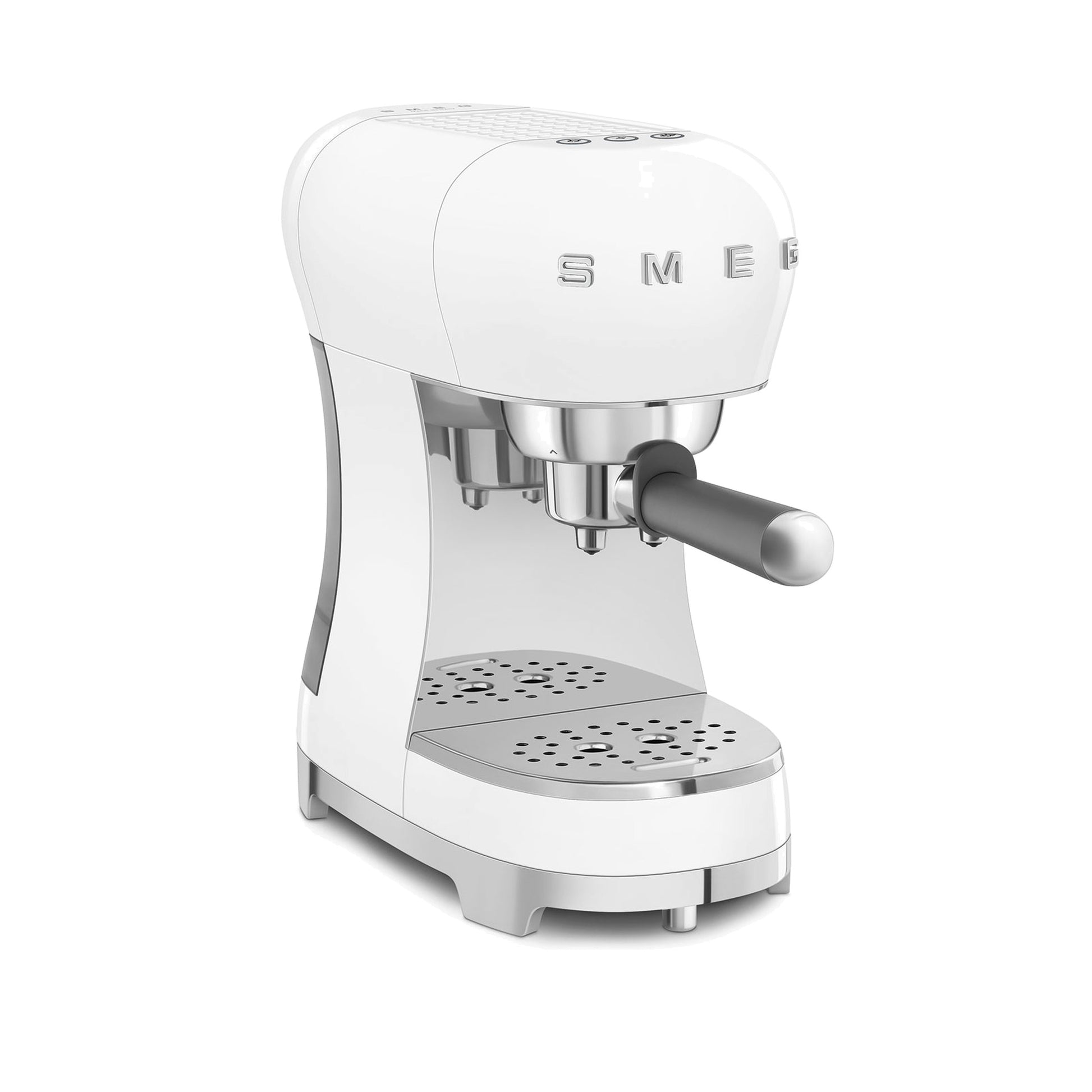 Smeg Manual Espresso Coffee Machine ECF00WHUS in white, three-quarter front view