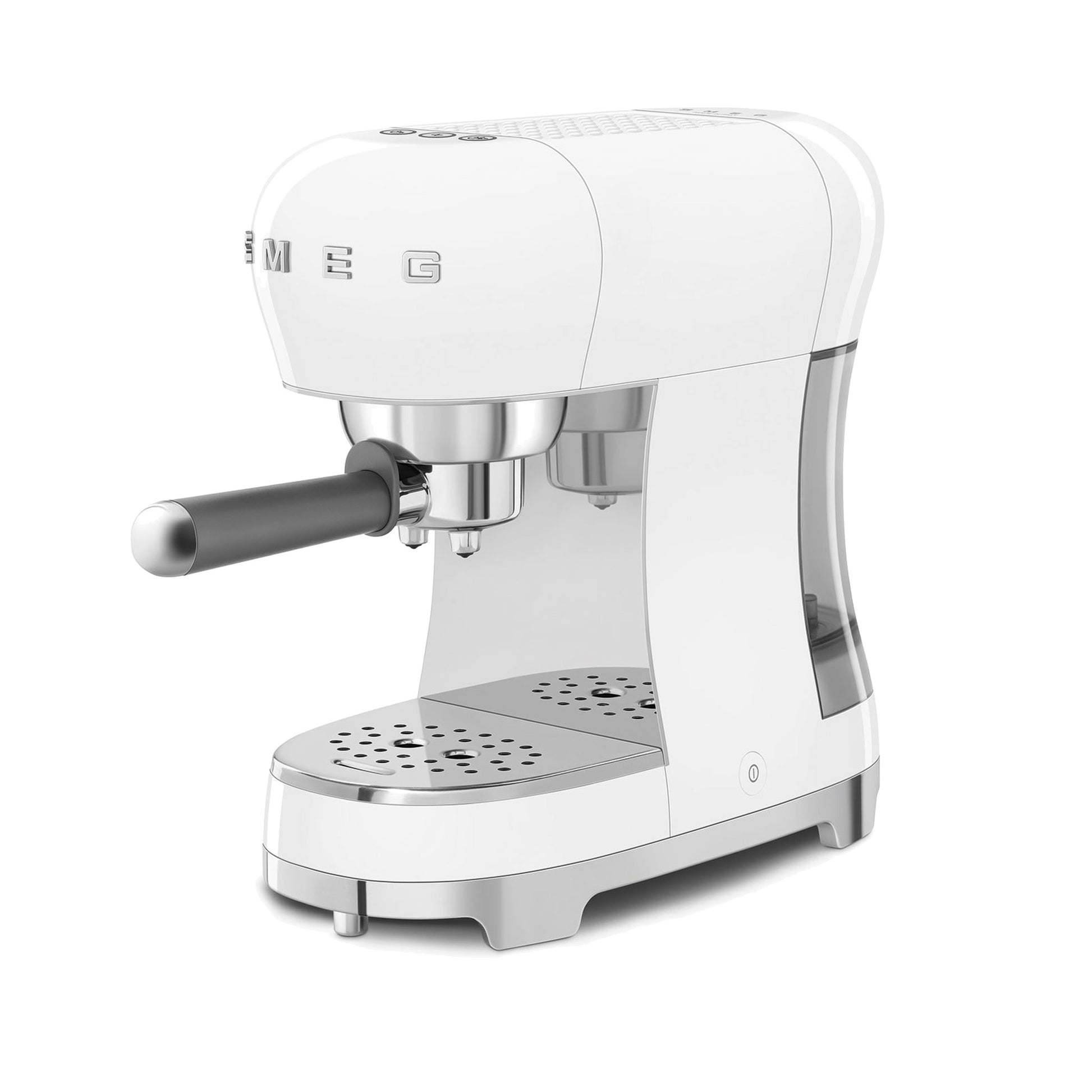 Smeg Manual Espresso Coffee Machine ECF00WHUS in white, close three-quarter front view