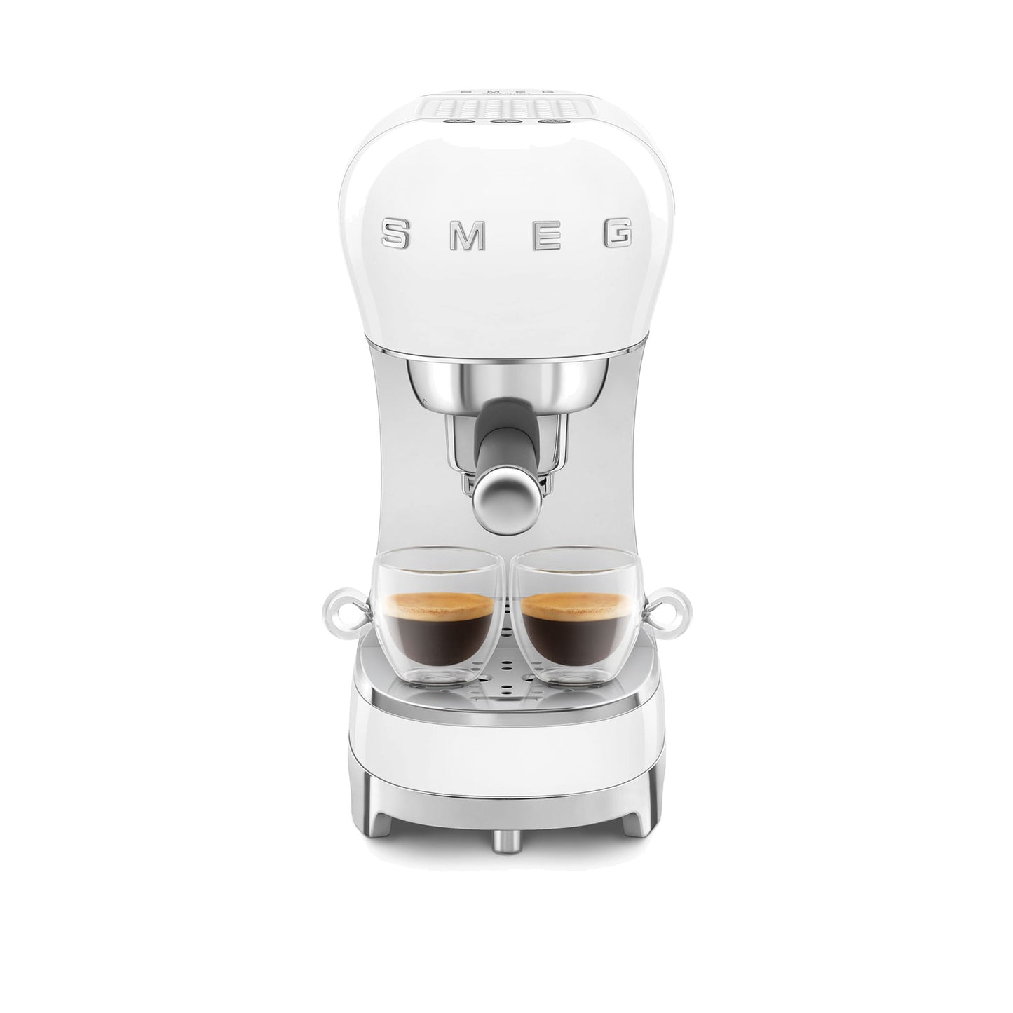 Smeg Manual Espresso Coffee Machine ECF00WHUS in white, front view brewing two espressos