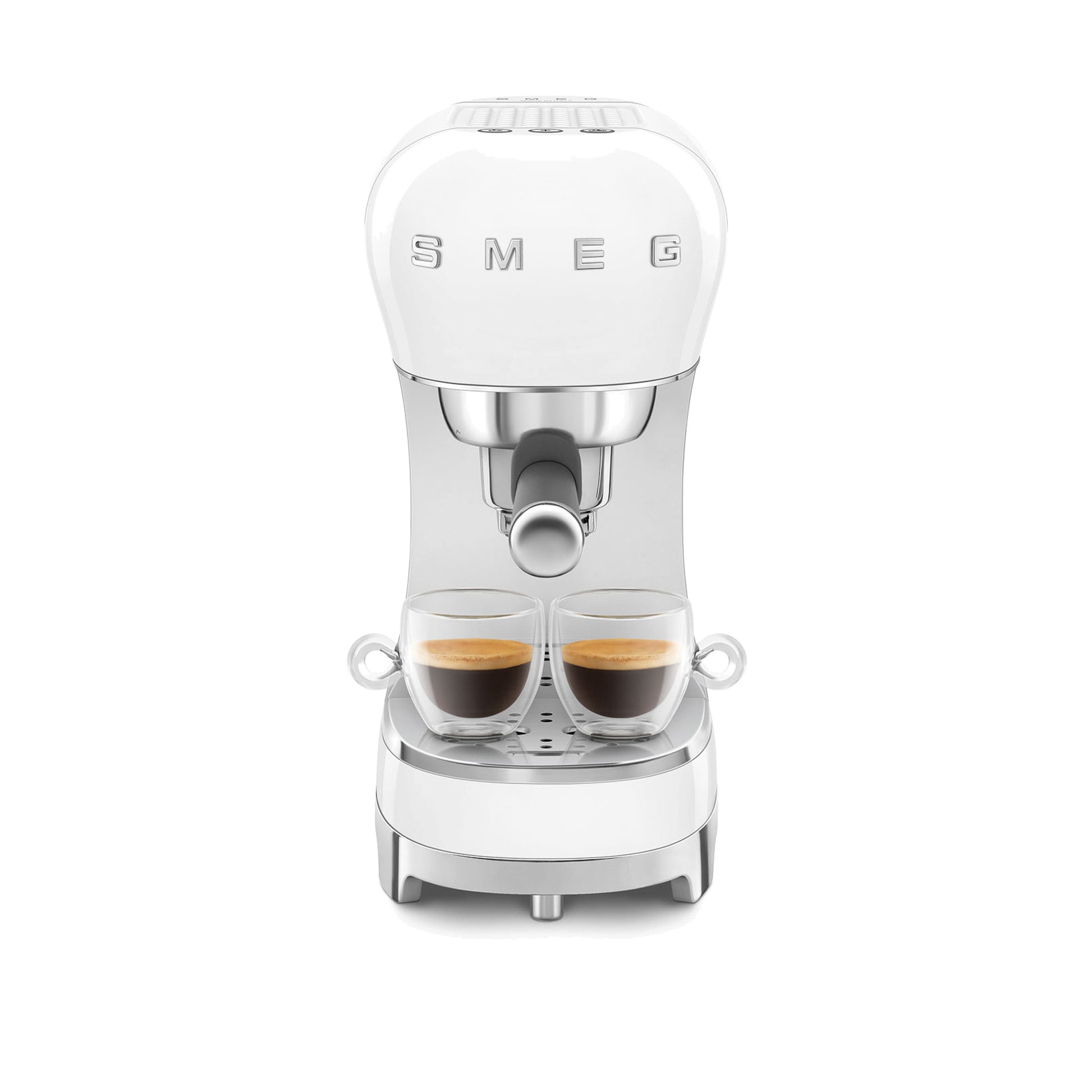 Smeg Manual Espresso Coffee Machine ECF00WHUS in white, front view brewing two espressos