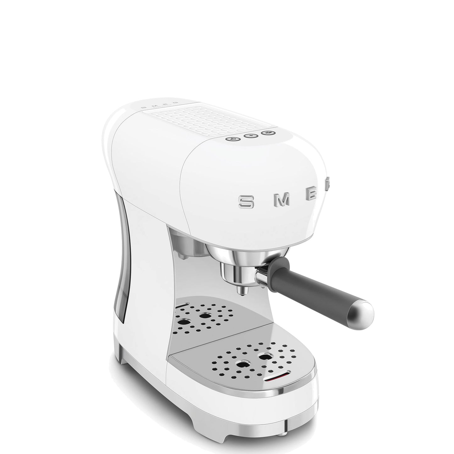 Smeg Manual Espresso Coffee Machine ECF00WHUS in white, three-quarter front-right view close