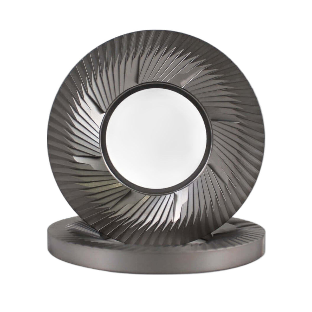 SSP 102mm Flat Burrs - Blind Mount in silver knight, front view