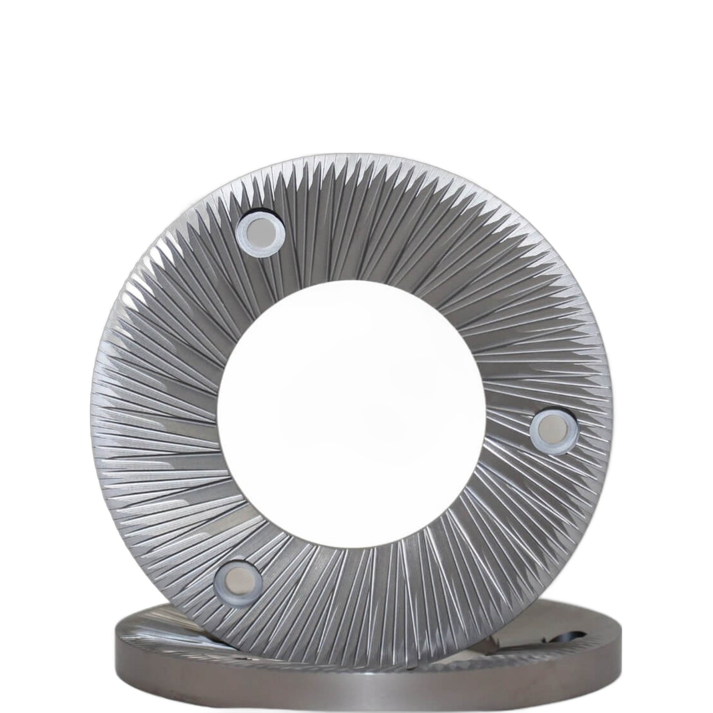SSP 115mm Flat Burrs in silver knight, front view
