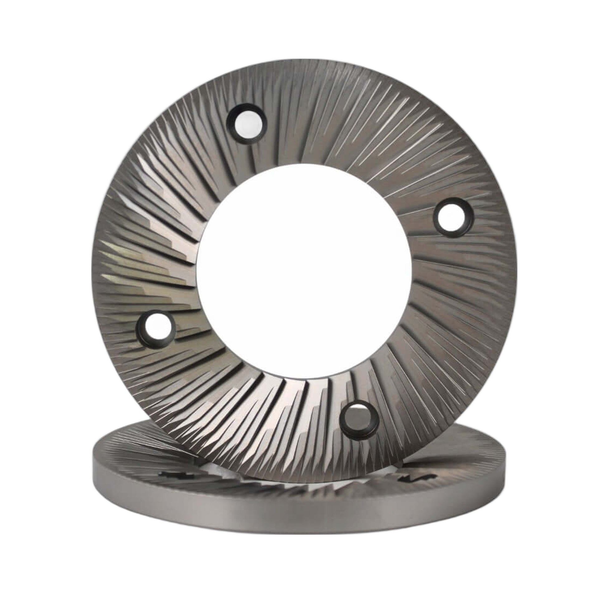 SSP 120mm Flat Burrs in silver knight, front view