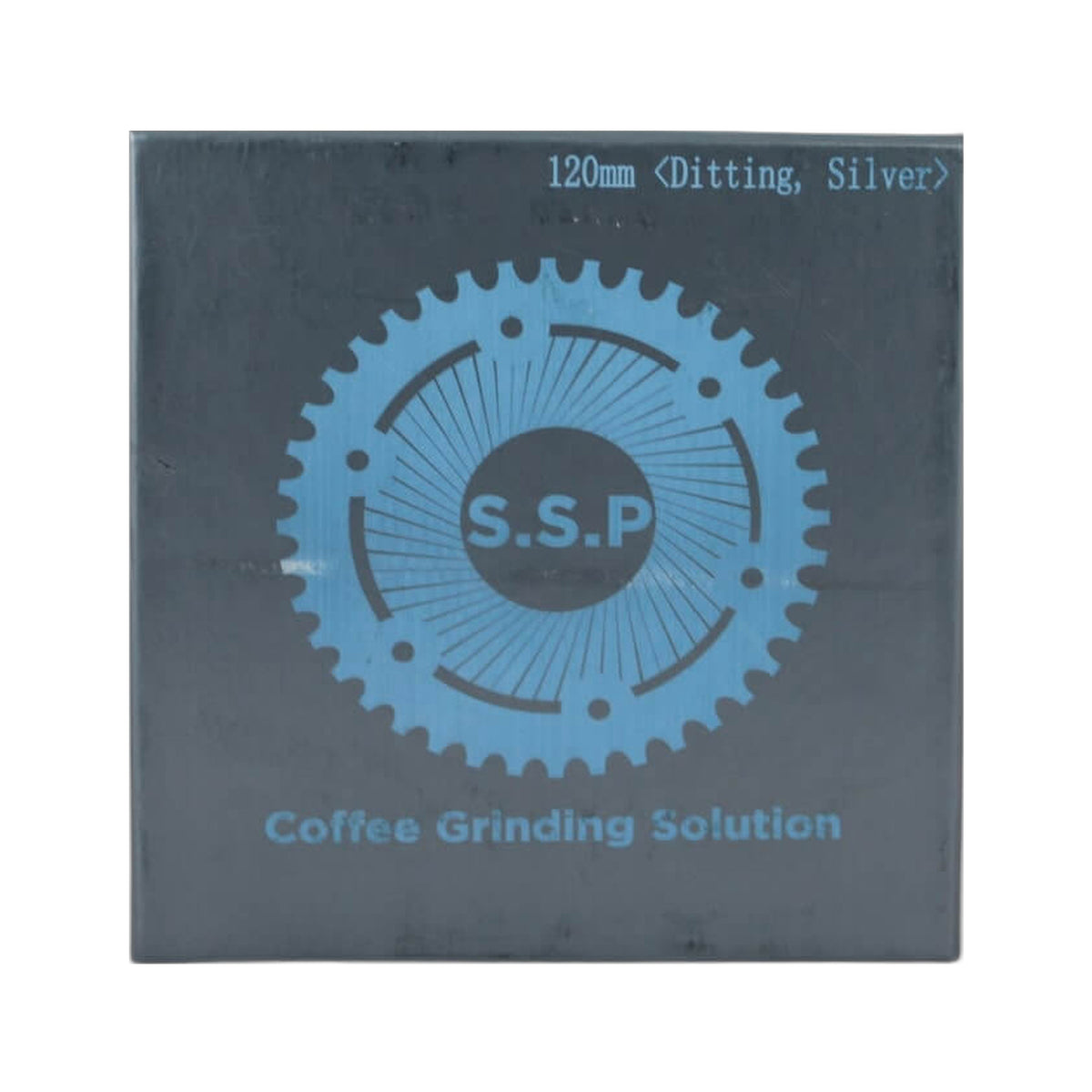 SSP 120mm Flat Burrs in silver knight, retail packaging
