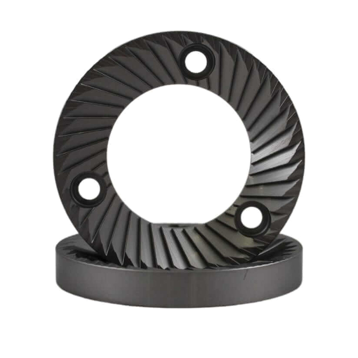 SSP 58mm Flat Burrs in silver knight, pair three-quarter view