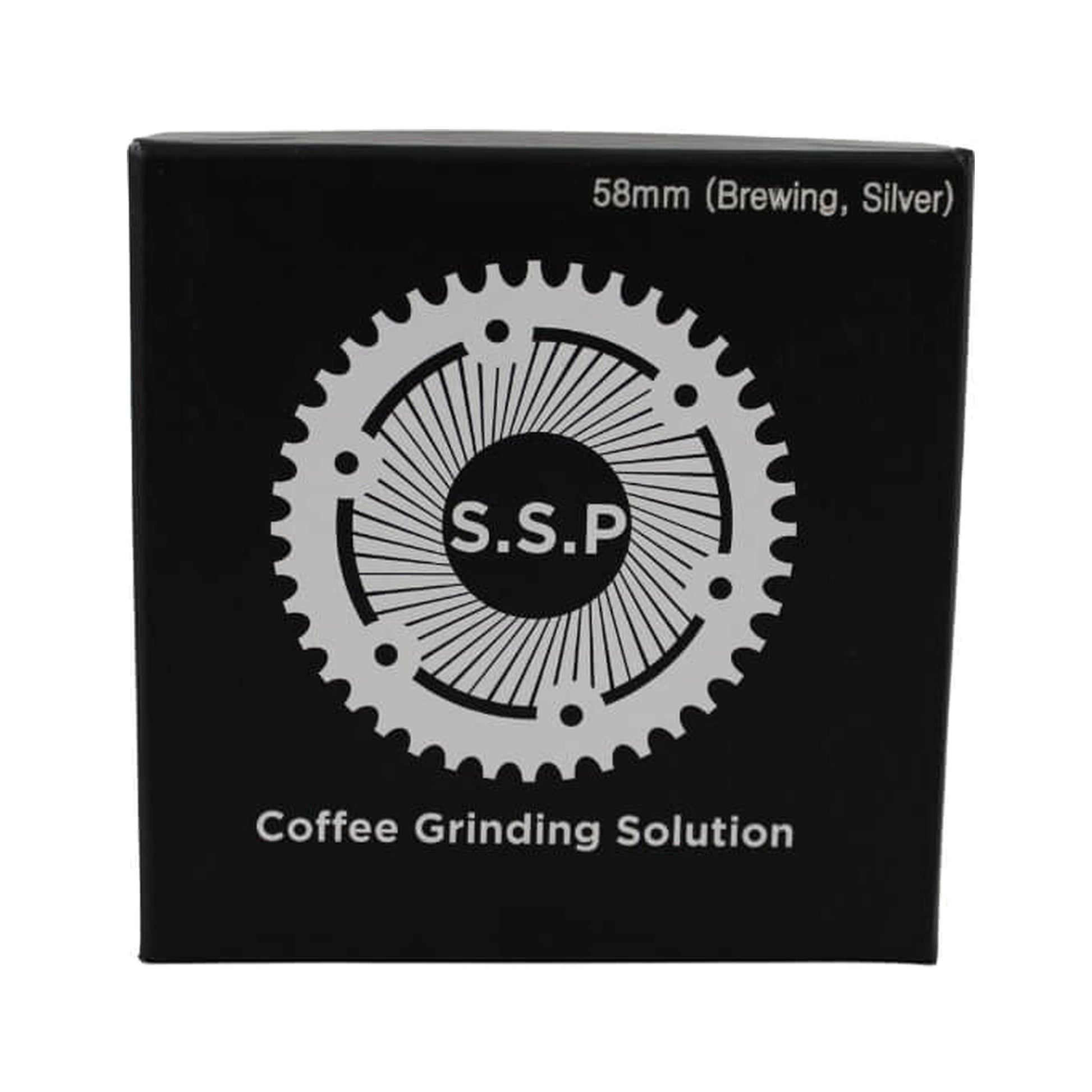 SSP 58mm Flat Burrs in silver knight, retail packaging