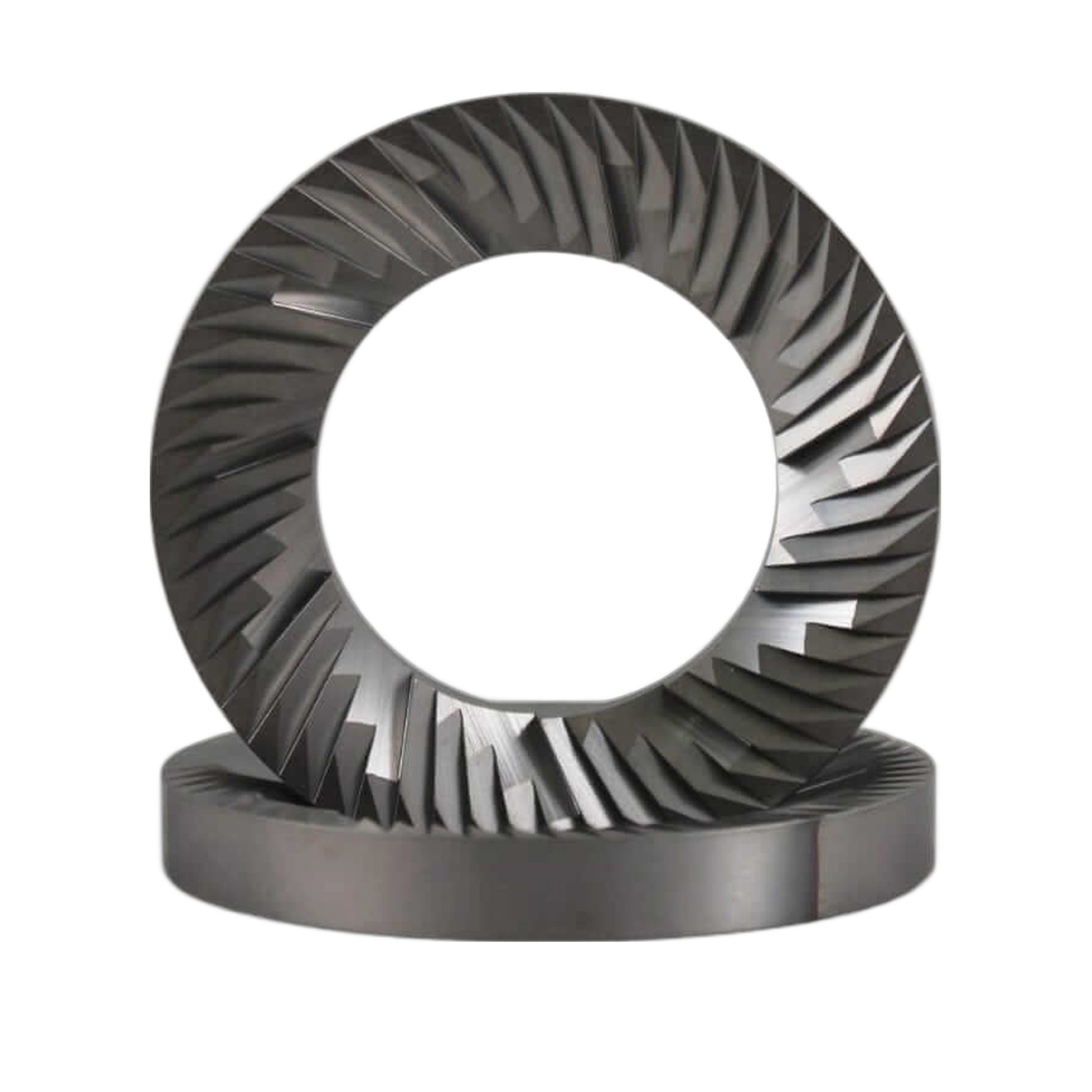 SSP 64mm Flat Burrs - Blind Mount in silver knight, front view